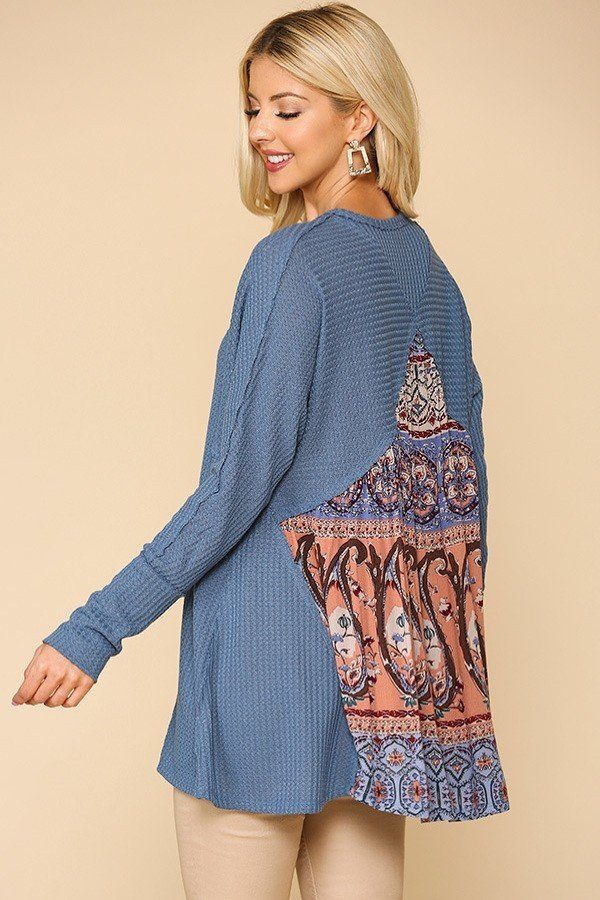 Waffle Knit And Woven Print Mixed Hi - Low Flowy Tunic Top - Women's top - SmartBuyApparel