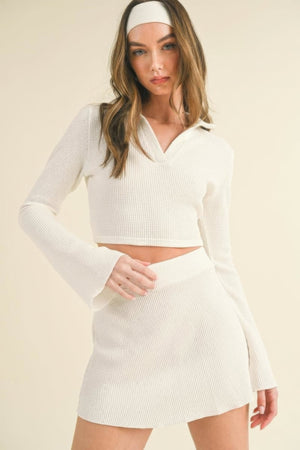 Waffle Knit Bell Sleeve Top And Skirt Set - Women's set - SmartBuyApparel