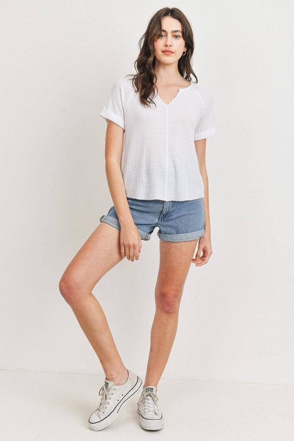 Waffle Raw Edge V - neck Rolled Up Short Sleeves Top - Women's top - SmartBuyApparel