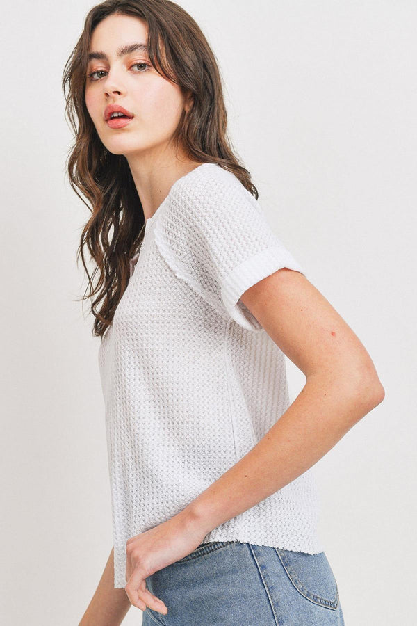Waffle Raw Edge V - neck Rolled Up Short Sleeves Top - Women's top - SmartBuyApparel