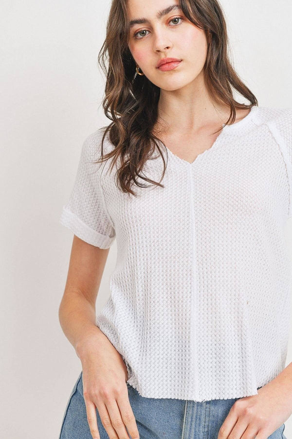 Waffle Raw Edge V - neck Rolled Up Short Sleeves Top - Women's top - SmartBuyApparel