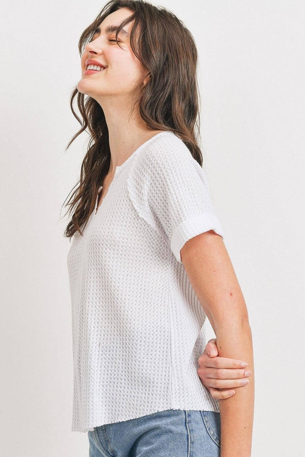 Waffle Raw Edge V - neck Rolled Up Short Sleeves Top - Women's top - SmartBuyApparel