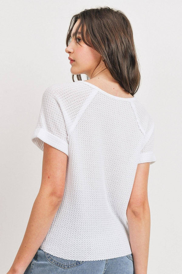 Waffle Raw Edge V - neck Rolled Up Short Sleeves Top - Women's top - SmartBuyApparel