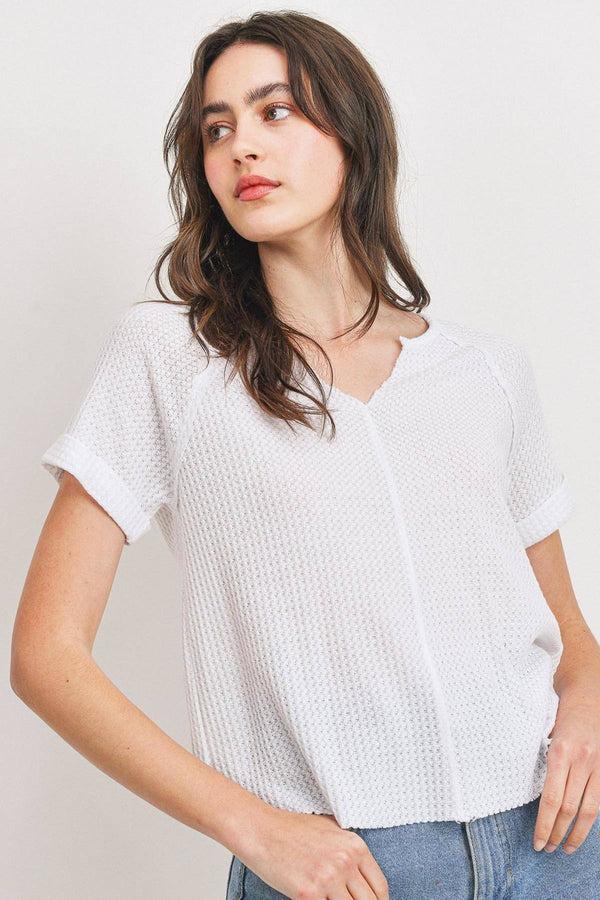 Waffle Raw Edge V - neck Rolled Up Short Sleeves Top - Women's top - SmartBuyApparel