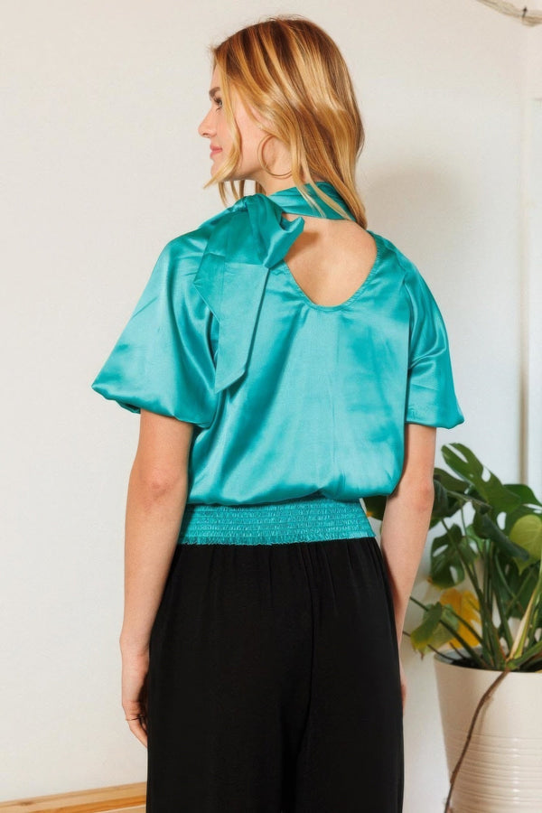 Waist Smocked Solid Satin Blouse - Women's Blouse - SmartBuyApparel