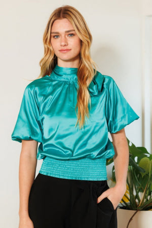 Waist Smocked Solid Satin Blouse - Women's Blouse - SmartBuyApparel