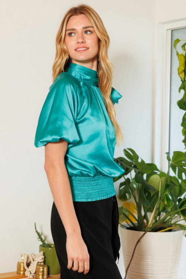 Waist Smocked Solid Satin Blouse - Women's Blouse - SmartBuyApparel