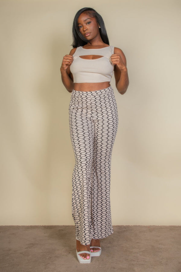 Wavy Print High Waist Flare Pants - Pants - SmartBuyApparel