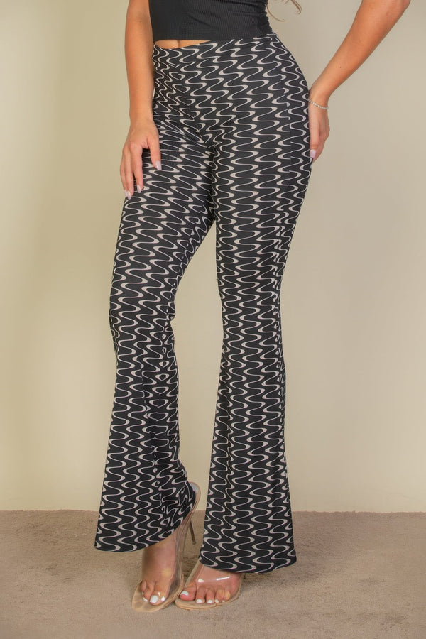 Wavy Print High Waist Flare Pants - Pants - SmartBuyApparel