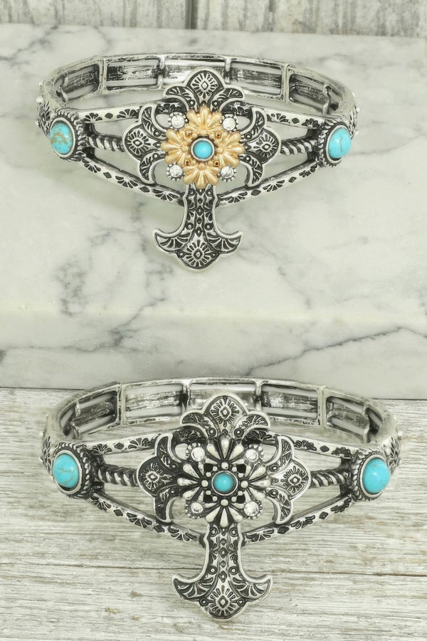 Western Turquoise And Crystal Cross Bracelet - | SmartBuyApparel