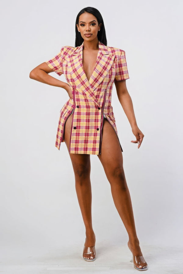 Wide Collared Double Breasted Plaid Blazer Mini Dress - Dress - SmartBuyApparel