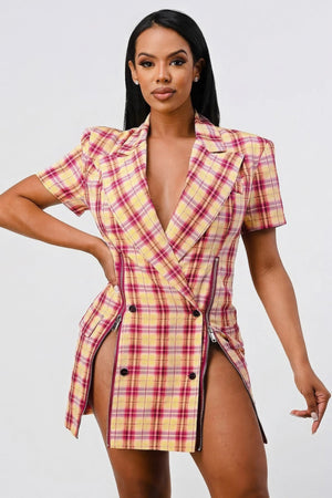 Wide Collared Double Breasted Plaid Blazer Mini Dress - Dress - SmartBuyApparel