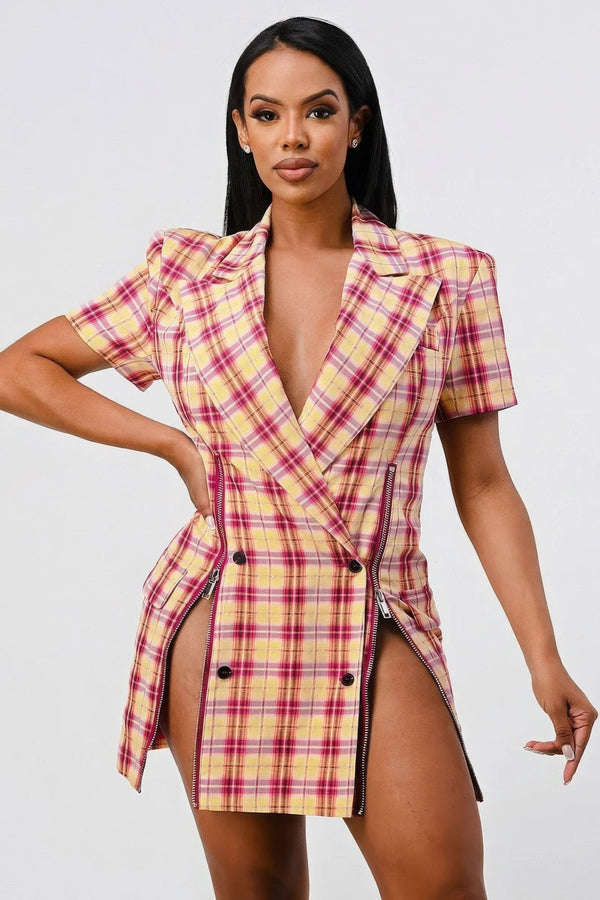 Wide Collared Double Breasted Plaid Blazer Mini Dress - Dress - SmartBuyApparel