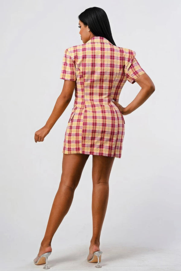 Wide Collared Double Breasted Plaid Blazer Mini Dress - Dress - SmartBuyApparel