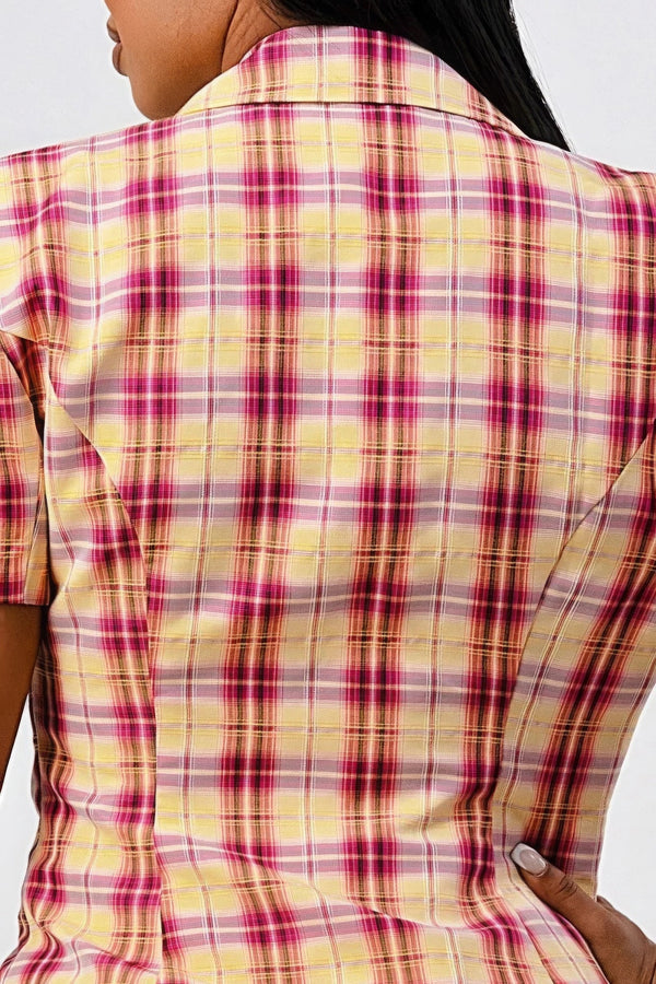 Wide Collared Double Breasted Plaid Blazer Mini Dress - Dress - SmartBuyApparel