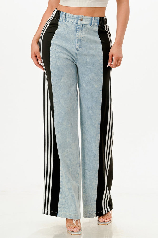 Wide Leg Jeans With Stripe Detail - | SmartBuyApparel