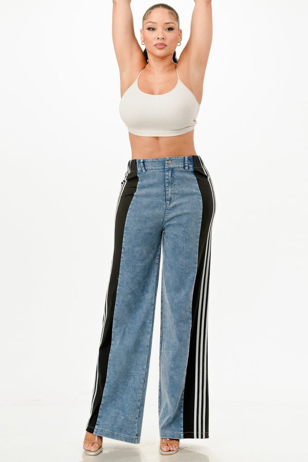 Wide Leg Jeans With Stripe Detail - | SmartBuyApparel