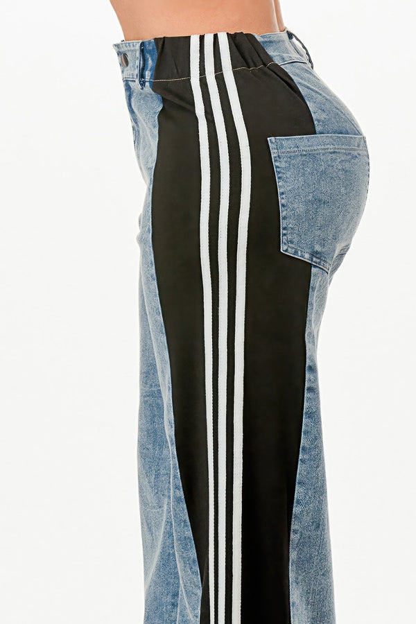 Wide Leg Jeans With Stripe Detail - | SmartBuyApparel