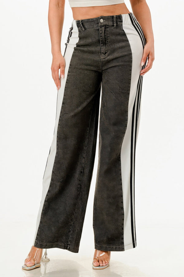 Wide Leg Jeans With Stripe Detail - | SmartBuyApparel