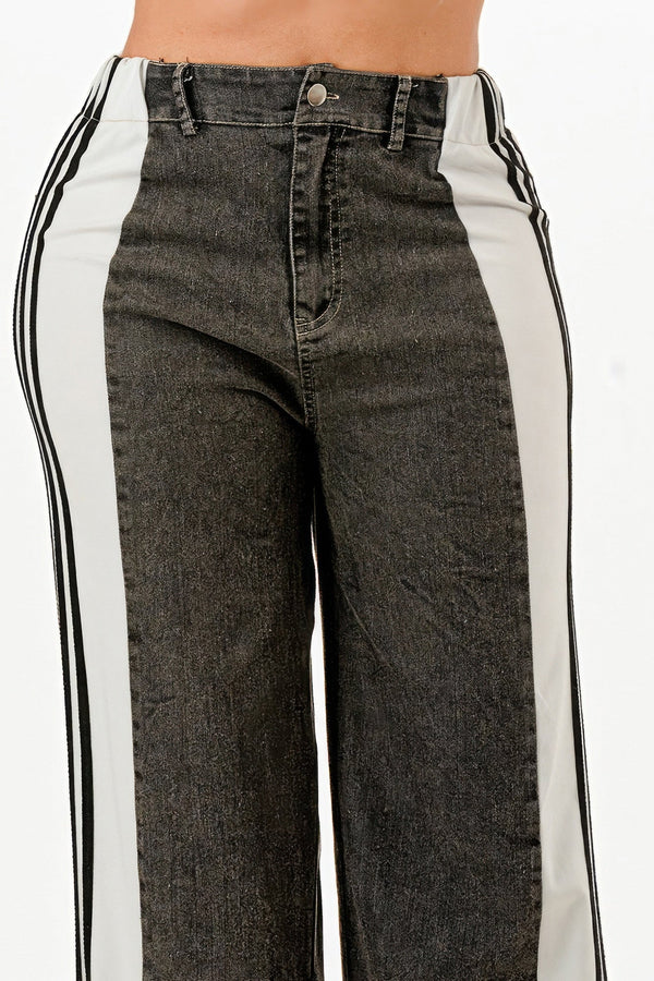 Wide Leg Jeans With Stripe Detail - | SmartBuyApparel
