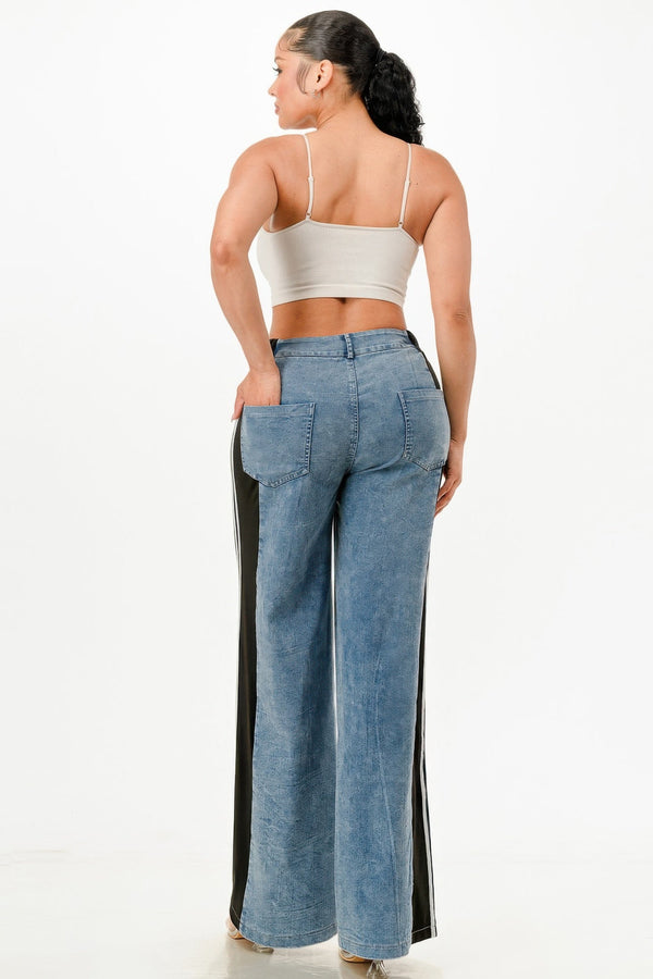 Wide Leg Jeans With Stripe Detail - | SmartBuyApparel