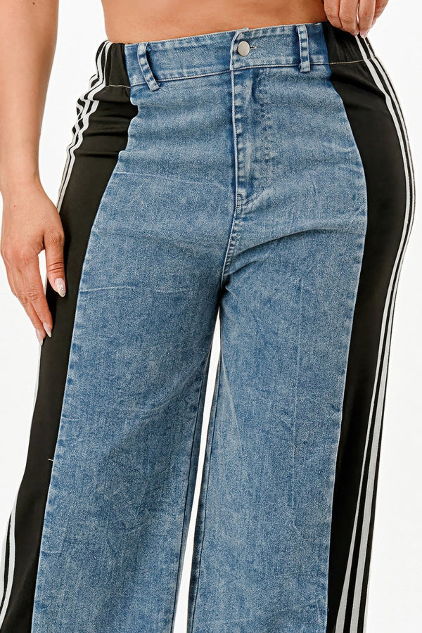 Wide Leg Jeans With Stripe Detail - | SmartBuyApparel