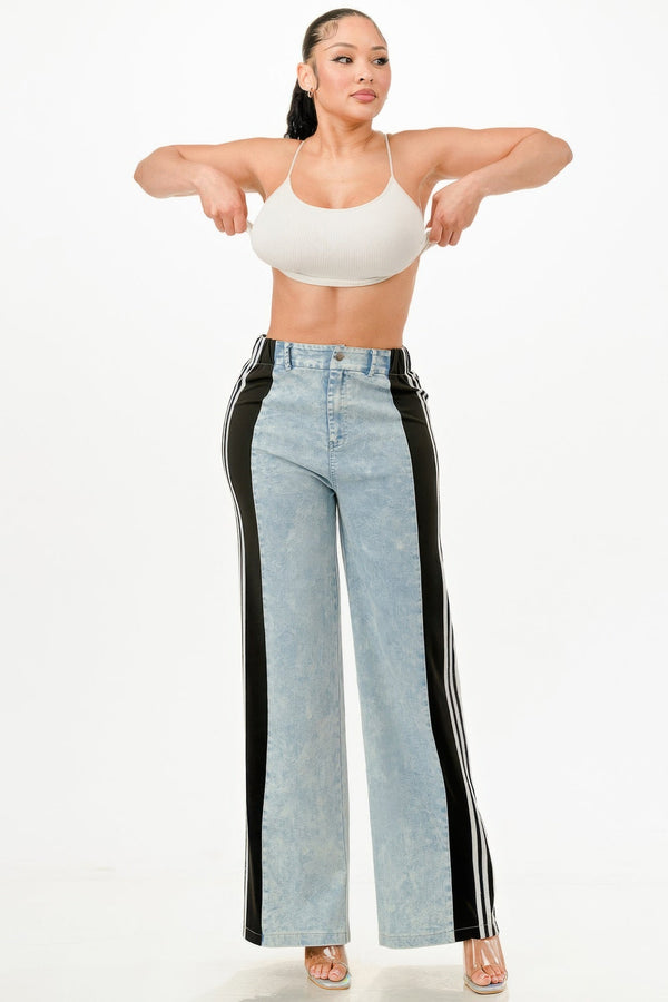 Wide Leg Jeans With Stripe Detail - | SmartBuyApparel