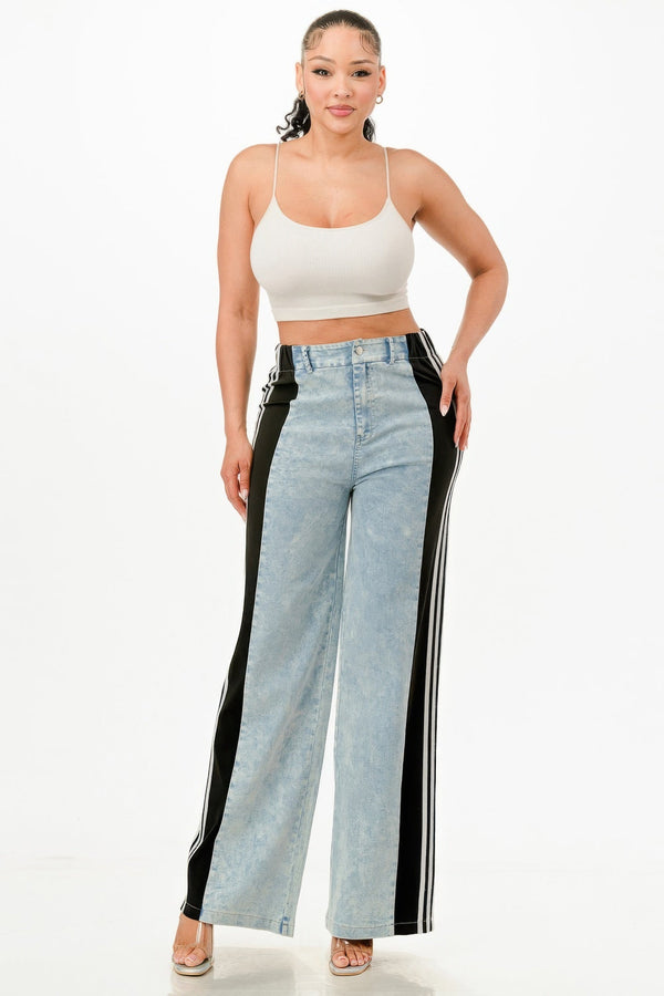 Wide Leg Jeans With Stripe Detail - | SmartBuyApparel