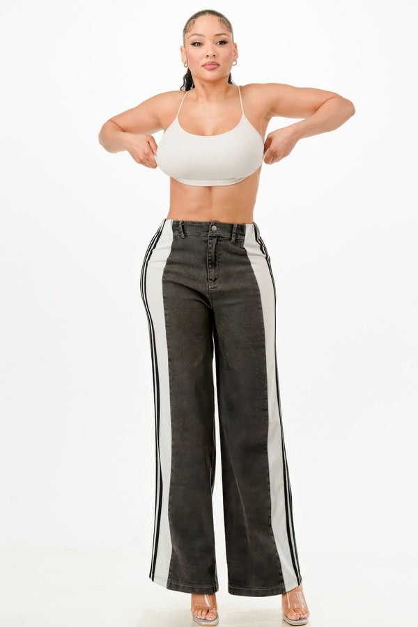 Wide Leg Jeans With Stripe Detail - | SmartBuyApparel
