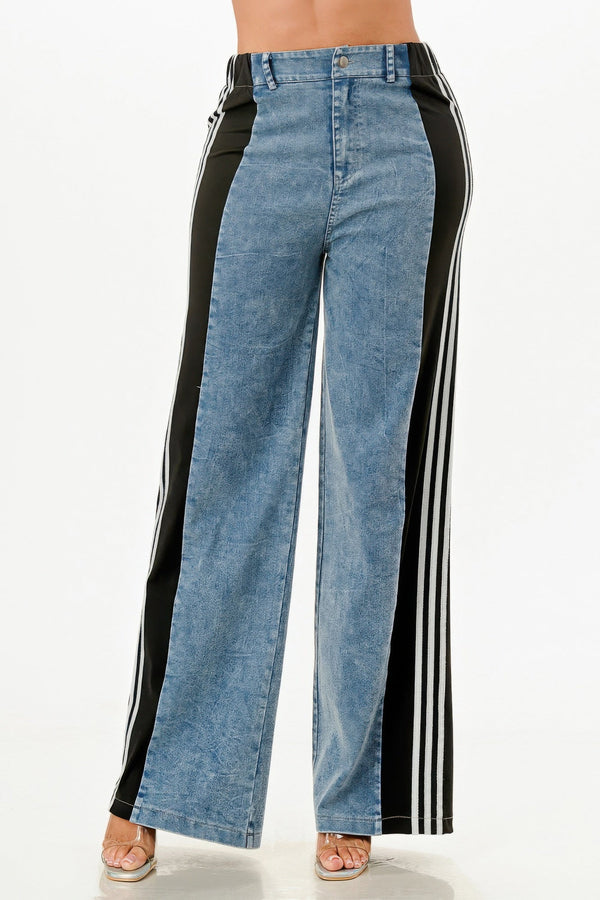 Wide Leg Jeans With Stripe Detail - | SmartBuyApparel
