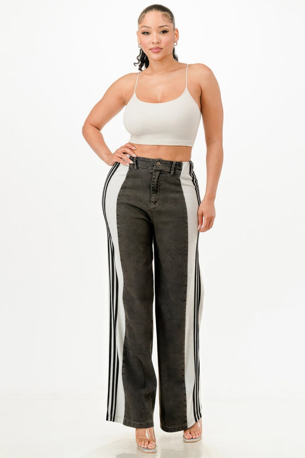 Wide Leg Jeans With Stripe Detail - | SmartBuyApparel