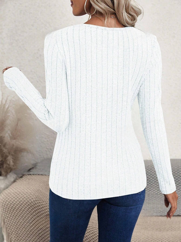 Women's Asymmetric Hem Slit Ribbed Long Sleeve T - Shirt - SmartBuyApparel - Women T - Shirts