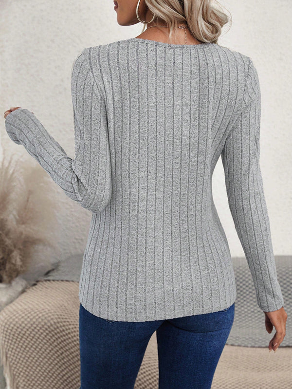 Women's Asymmetric Hem Slit Ribbed Long Sleeve T - Shirt - SmartBuyApparel - Women T - Shirts