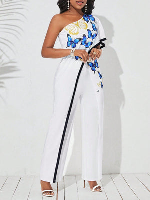 Women'S Butterfly Printed One Shoulder Wide Leg Jumpsuit - SmartBuyApparel - Women Jumpsuits