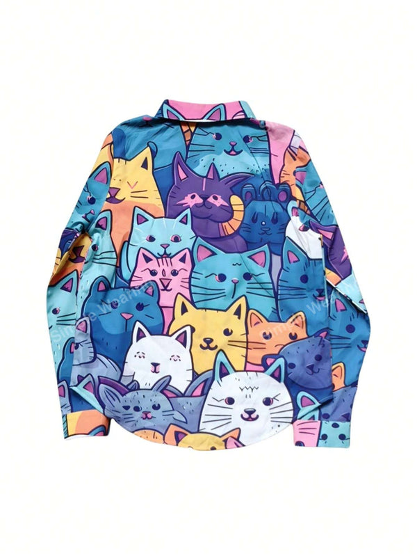 Women's Casual Long Sleeve Shirt With Random Printed Kitty Pattern - SmartBuyApparel - Women Blouses