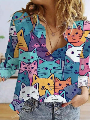 Women's Casual Long Sleeve Shirt With Random Printed Kitty Pattern - SmartBuyApparel - Women Blouses