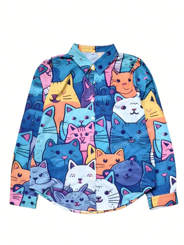 Women's Casual Long Sleeve Shirt With Random Printed Kitty Pattern - SmartBuyApparel - Women Blouses