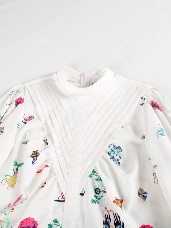 Women's Elegant Stand Collar Lantern Sleeve Embroidered Shirt - SmartBuyApparel - Women Blouses