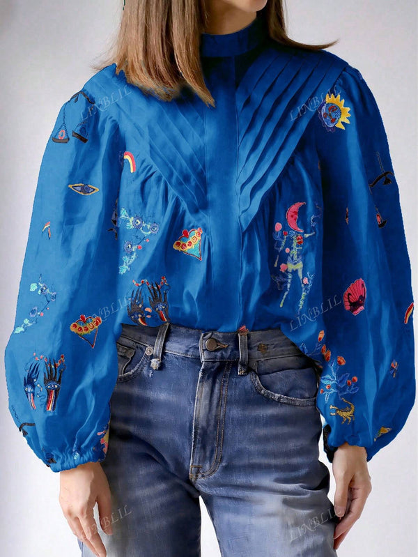 Women's Elegant Stand Collar Lantern Sleeve Embroidered Shirt - SmartBuyApparel - Women Blouses