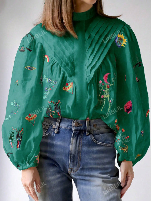 Women's Elegant Stand Collar Lantern Sleeve Embroidered Shirt - SmartBuyApparel - Women Blouses