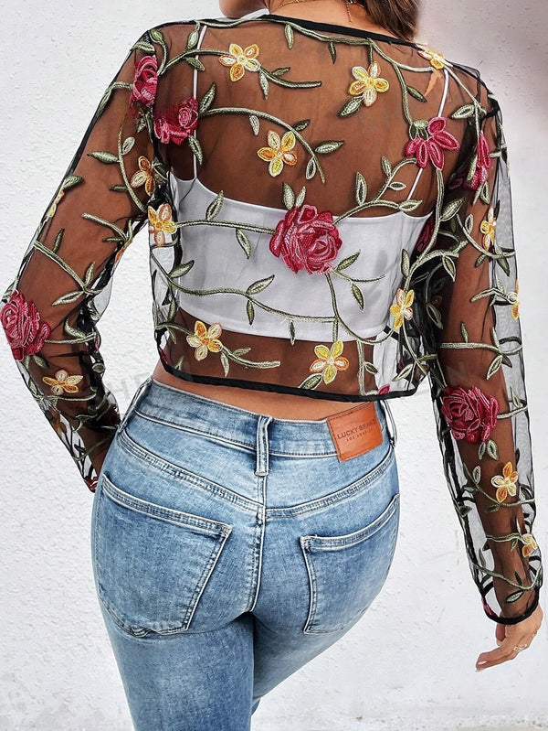 Women's Floral Embroidered Sheer Mesh Open Front Jacket - SmartBuyApparel - Women Jackets