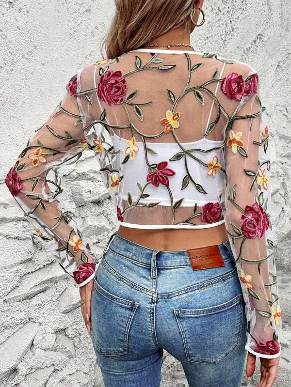 Women's Floral Embroidered Sheer Mesh Open Front Jacket - SmartBuyApparel - Women Jackets