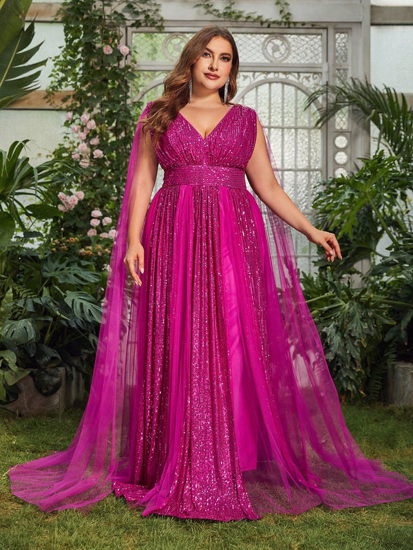 Women's Plus Size Plunging Neck Cloak Sleeve Sequin Formal Dress - SmartBuyApparel - Women Plus Prom Dresses