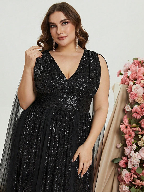 Women's Plus Size Plunging Neck Cloak Sleeve Sequin Formal Dress - SmartBuyApparel - Women Plus Prom Dresses