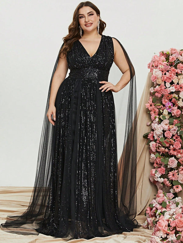 Women's Plus Size Plunging Neck Cloak Sleeve Sequin Formal Dress - SmartBuyApparel - Women Plus Prom Dresses