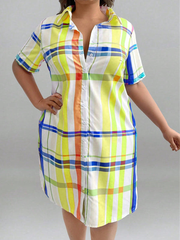 Women's Plus Size Short Sleeve Plaid Shirt Dress - SmartBuyApparel - Plus Size Dresses