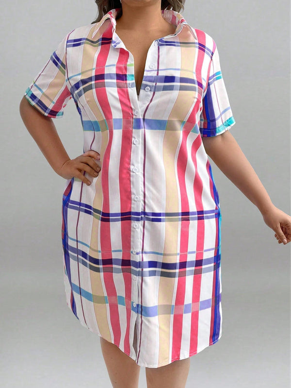 Women's Plus Size Short Sleeve Plaid Shirt Dress - SmartBuyApparel - Plus Size Dresses