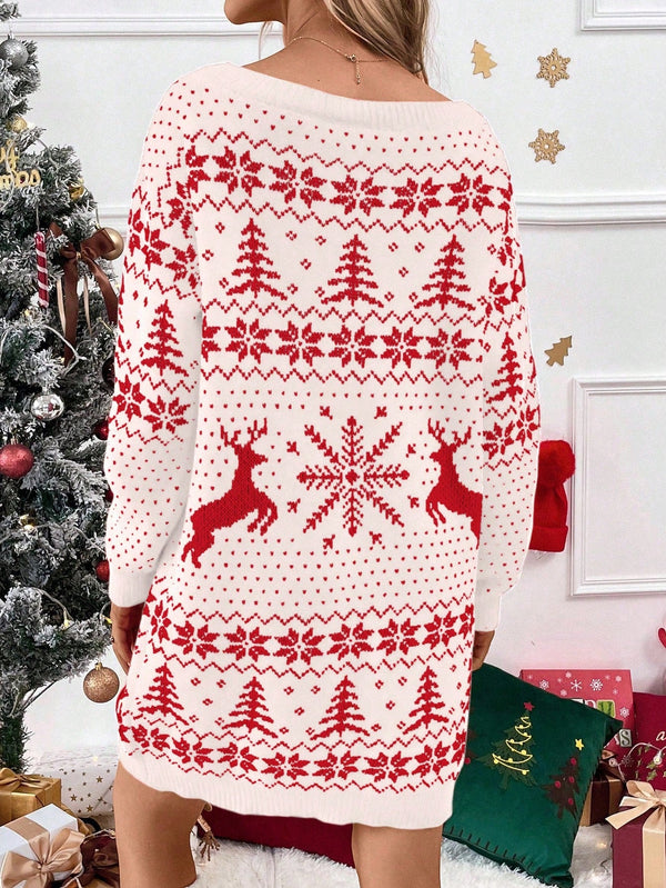Women's Reindeer Geometric Pattern Sweater Dress - SmartBuyApparel - Women Sweater Dresses