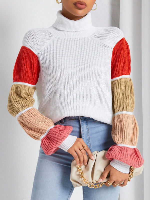 Women'S Turtleneck Color - Block Raglan Sleeve Sweater - SmartBuyApparel - Women Sweaters