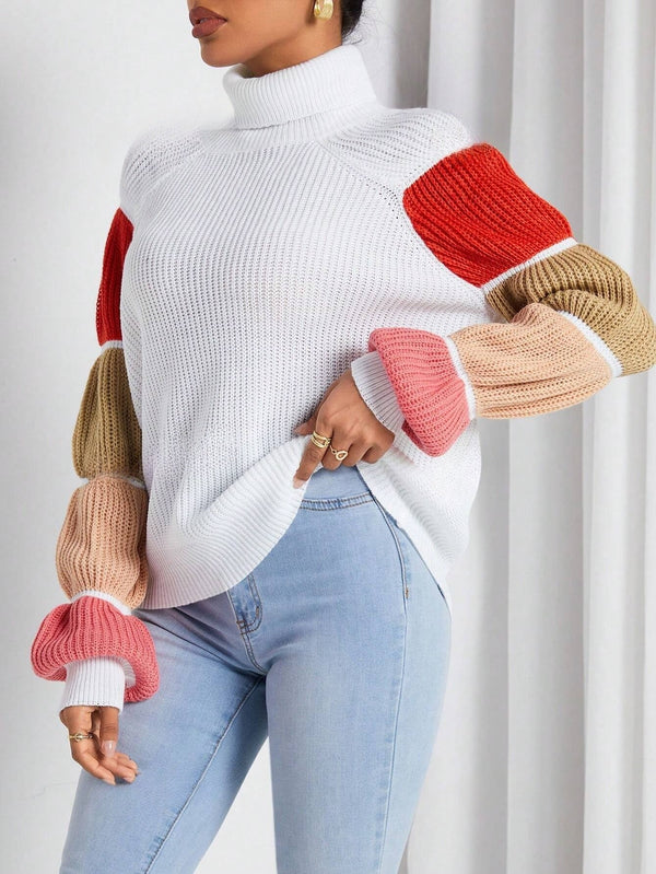 Women'S Turtleneck Color - Block Raglan Sleeve Sweater - SmartBuyApparel - Women Sweaters